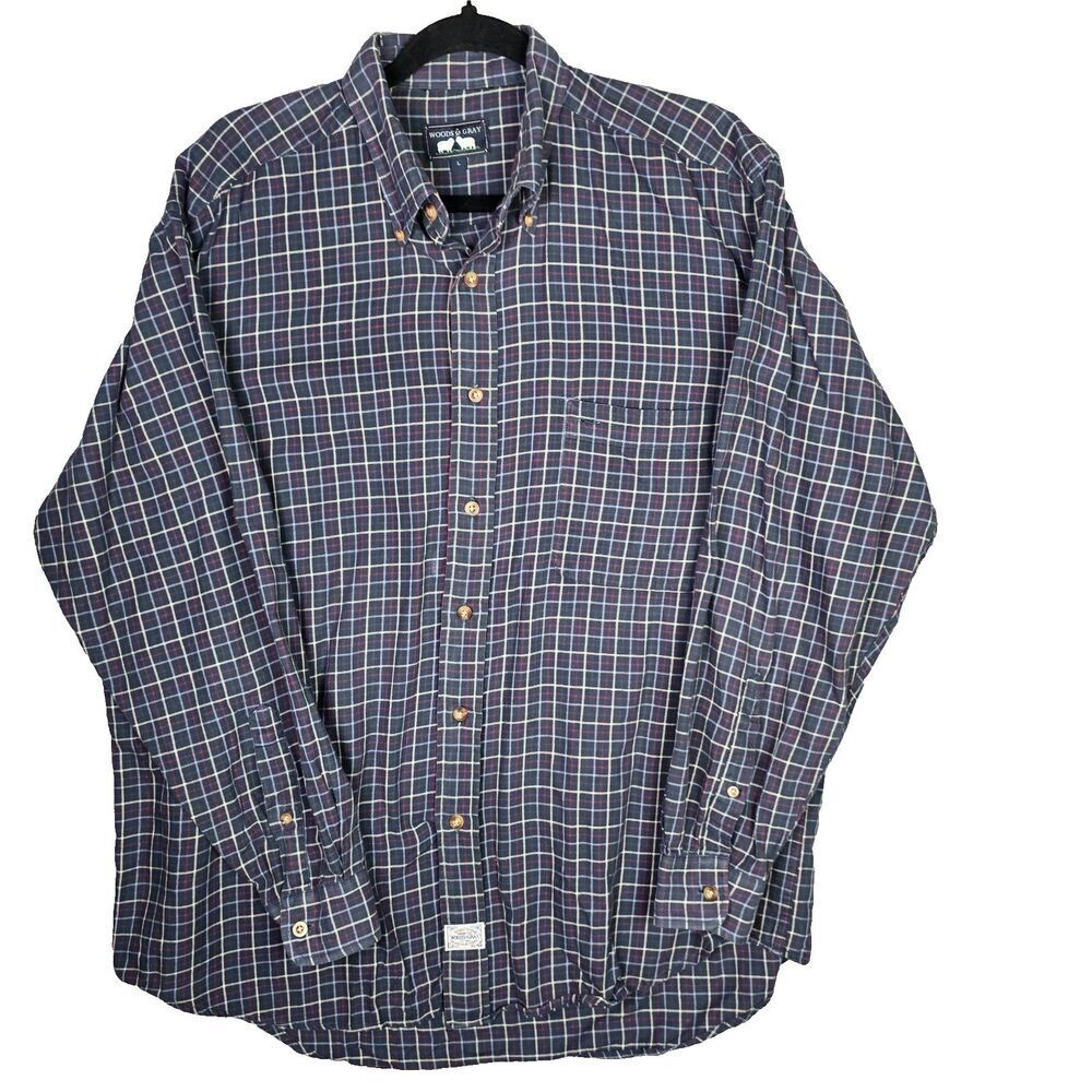 Woods Gray Mens Plaid Oxford Shirt Navy L Boyfriend Oversized Button Down